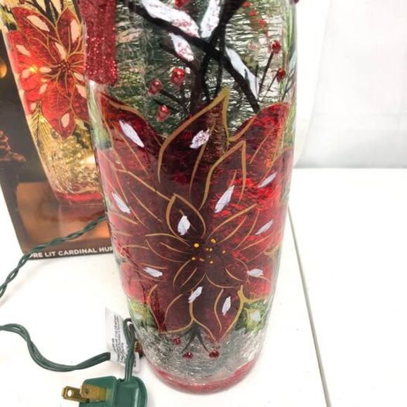 Christmas Kirkland's Pre Lit Crackle Glass Cardinal Hurricane Lamp w/Box - Picture 8 of 9